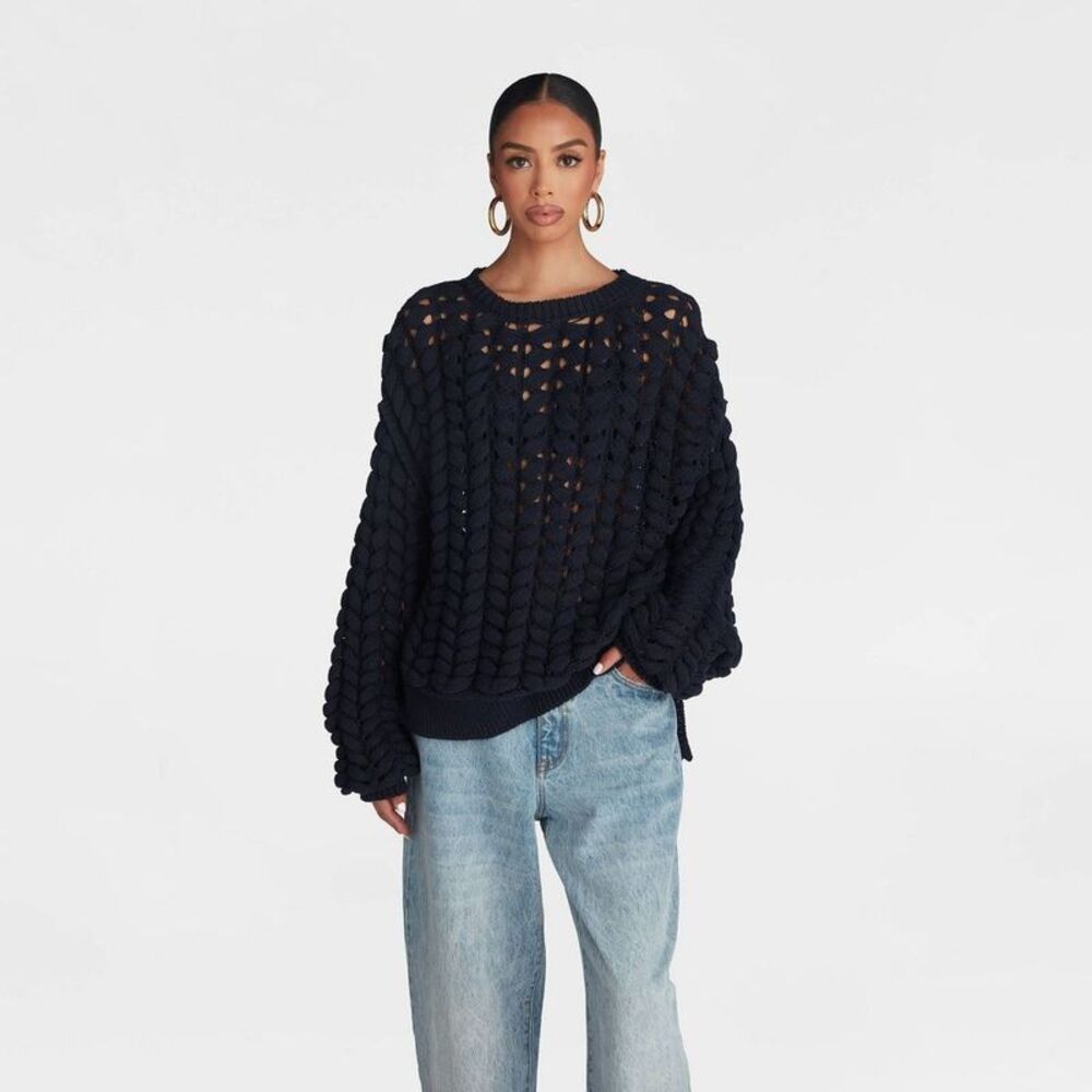 Oversized Navy Open-Stitch V-Neck Sweater